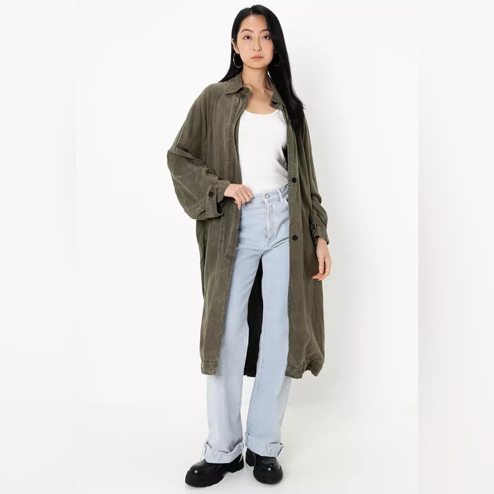 Function & Fringe Edit. ZARA Oversized Wax Utility Olive Green Long Trench Coat